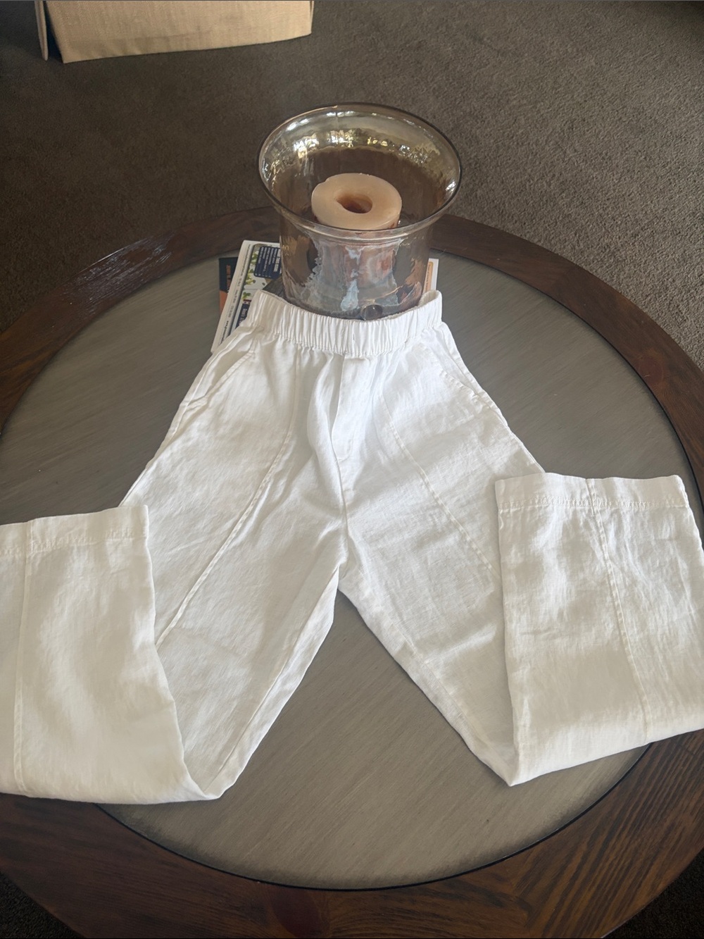 ZARA Girl’s Linen Pant Pockets White and Gray Blue Sz 13-14 EUC